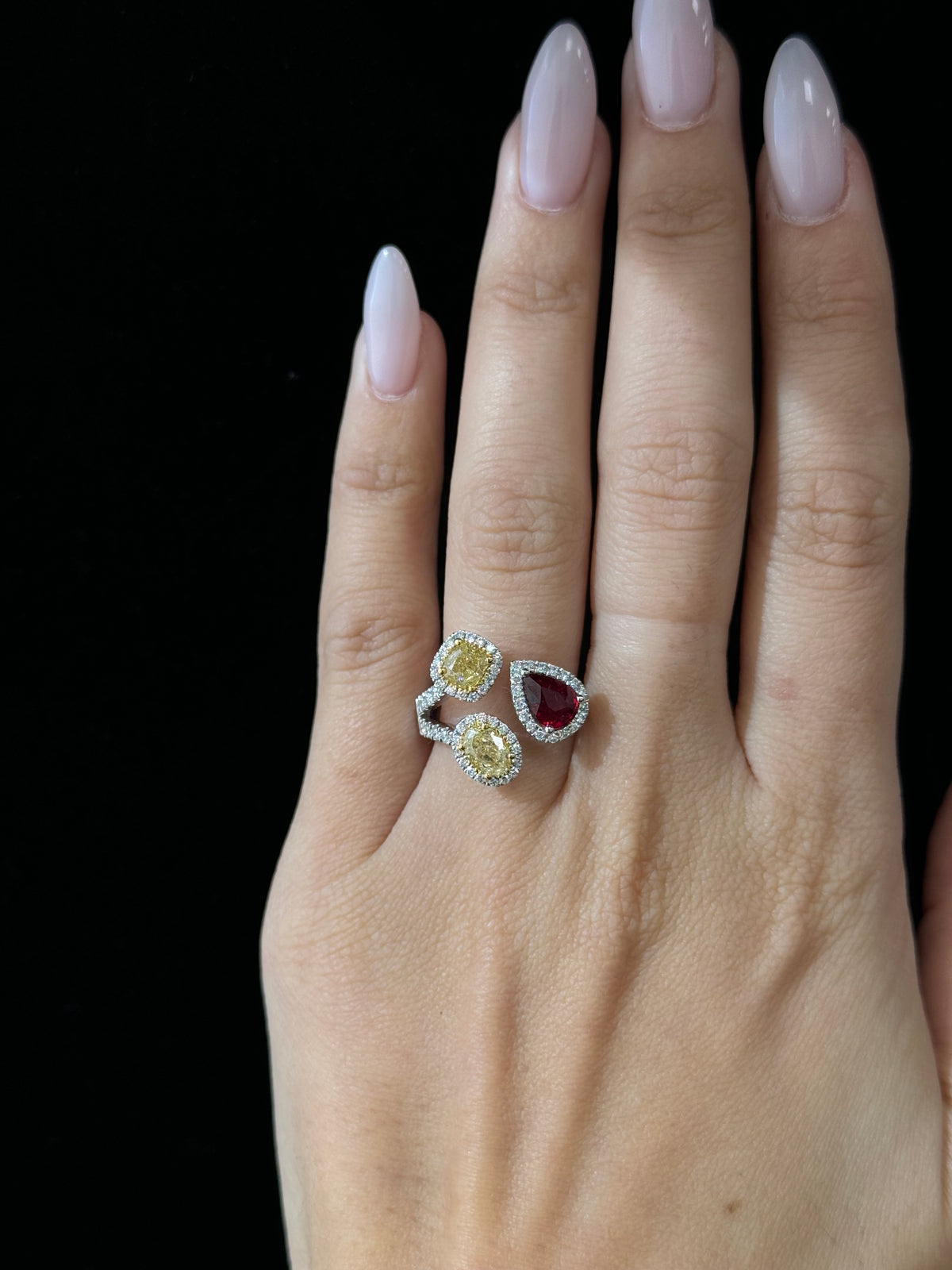 3 Stone Pear Shaped Red Ruby & Oval Cut and Cushion Shaped Natural Yellow Diamond Ring with Diamond Side Stones 