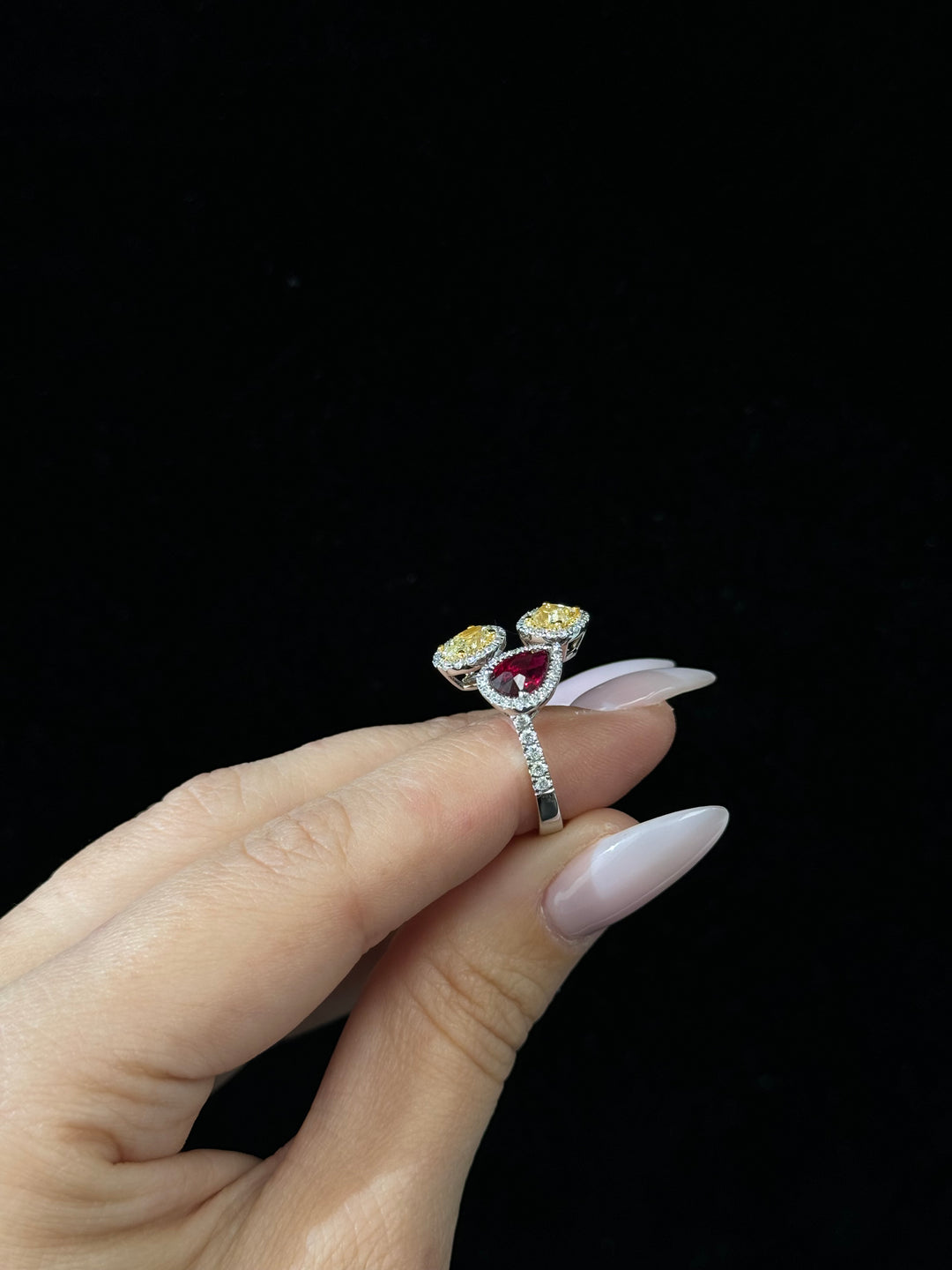 3 Stone Pear Shaped Red Ruby & Oval Cut and Cushion Shaped Natural Yellow Diamond Ring with Diamond Side Stones 18K White Gold