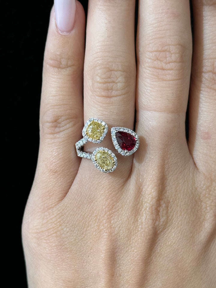 3 Stone Pear Shaped Red Ruby & Oval Cut and Cushion Shaped Natural Yellow Diamond Ring with Diamond Side Stones 18K White Gold