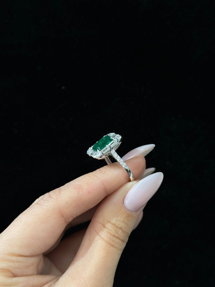 3.49CT Emerald Shape Natural Green Emerald Engagement Ring with Marquise, Baguette, and Round Side Stones 18K White Gold