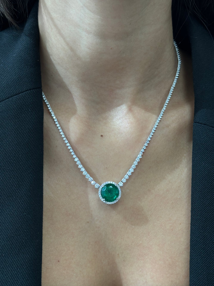 7.20CT Round Shaped Natural Green Emerald Pendant Natural Diamond Tennis Necklace in 18K White Gold