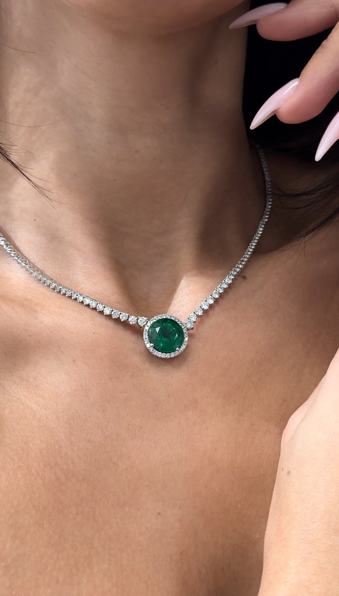 7.20CT Round Shaped Natural Green Emerald Pendant Natural Diamond Tennis Necklace in 18K White Gold