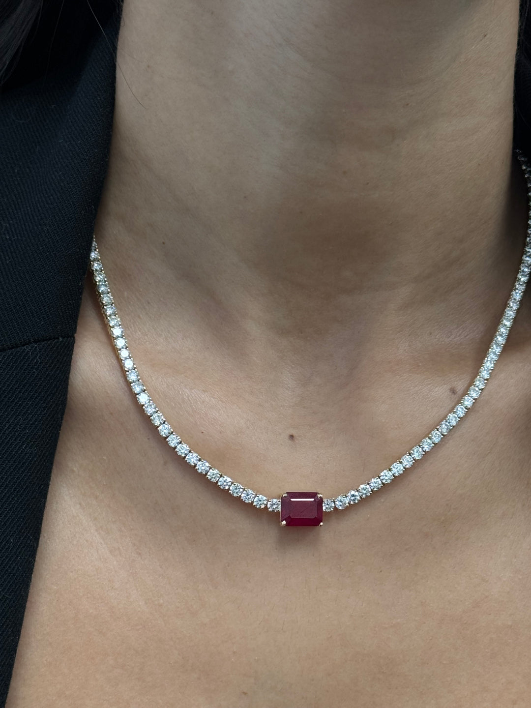 (12CT T.W.) Single Stone Red Ruby Natural Diamond Tennis Necklace