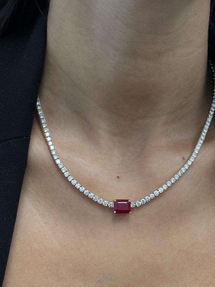 (12CT T.W.) Single Stone Red Ruby Natural Diamond Tennis Necklace