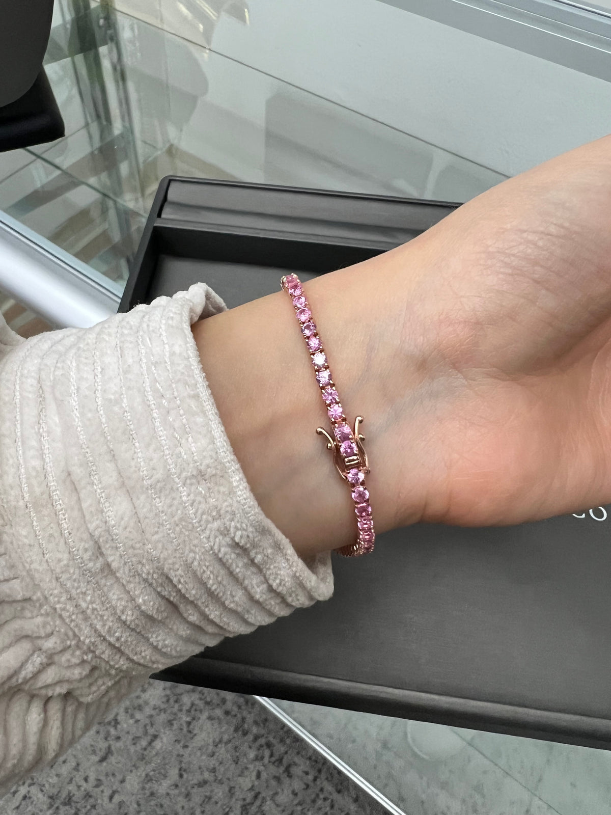 14K solid gold pink sapphire tennis bracelet
