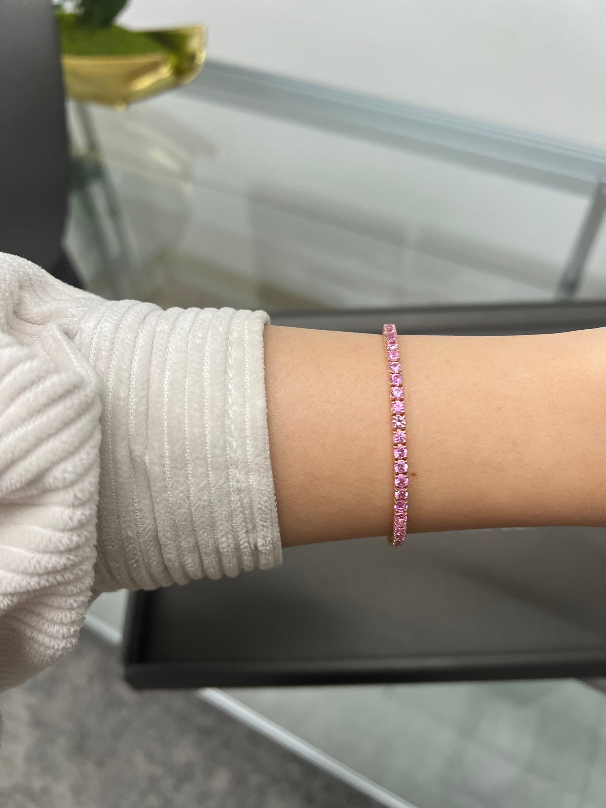 Natural pink sapphire tennis bracelet yellow gold