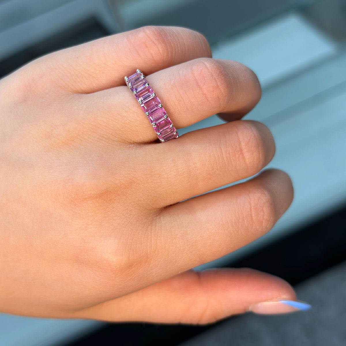 Mia - 5CT Pink Sapphire Eternity Band In Emerald Cut - Gem Jewelers Co