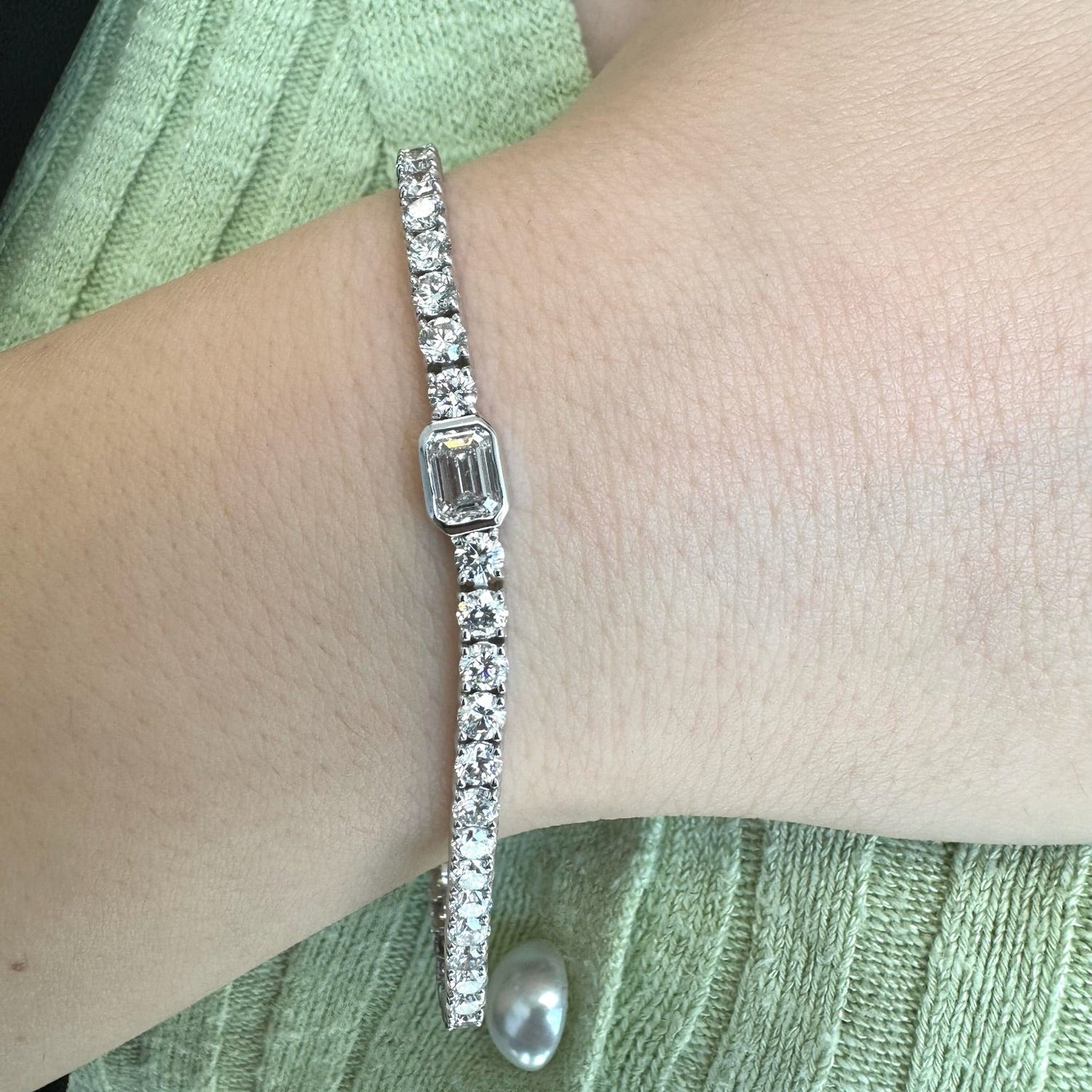 Athena - 7CT T.W Single Stone Emerald Shape Bezel Natural Diamond Tennis Bracelet - Gem Jewelers Co