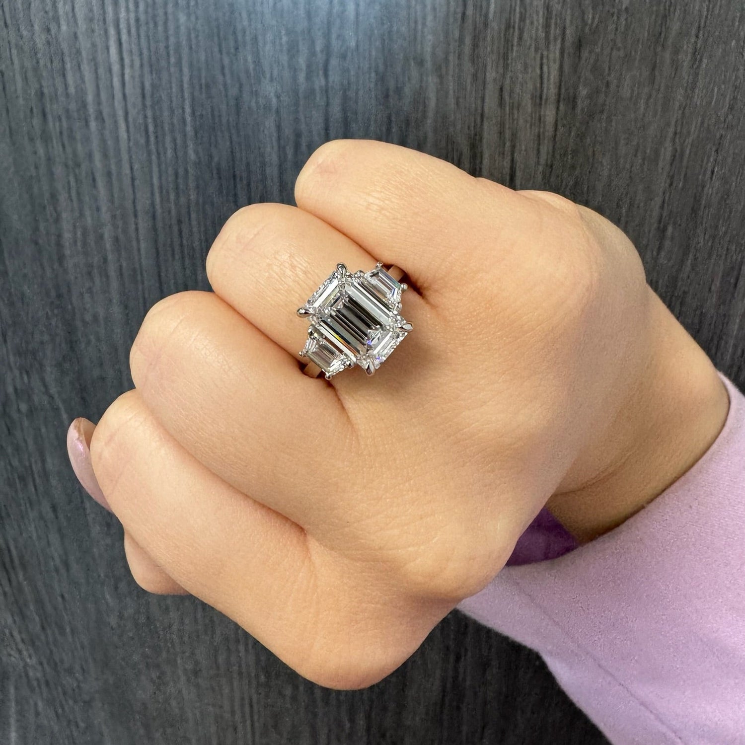 Paolina - 3 Stone Emerald & Trapezoid Diamond Engagement Ring - Gem Jewelers Co