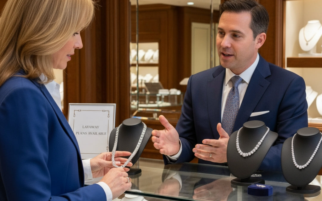 Man and woman in a jewelry store discussing necklaces.