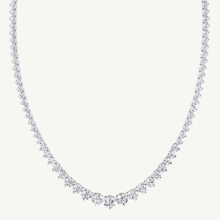 3-Prong Riviera Graduated Natural Diamond Tennis Necklace 14K Solid Gold