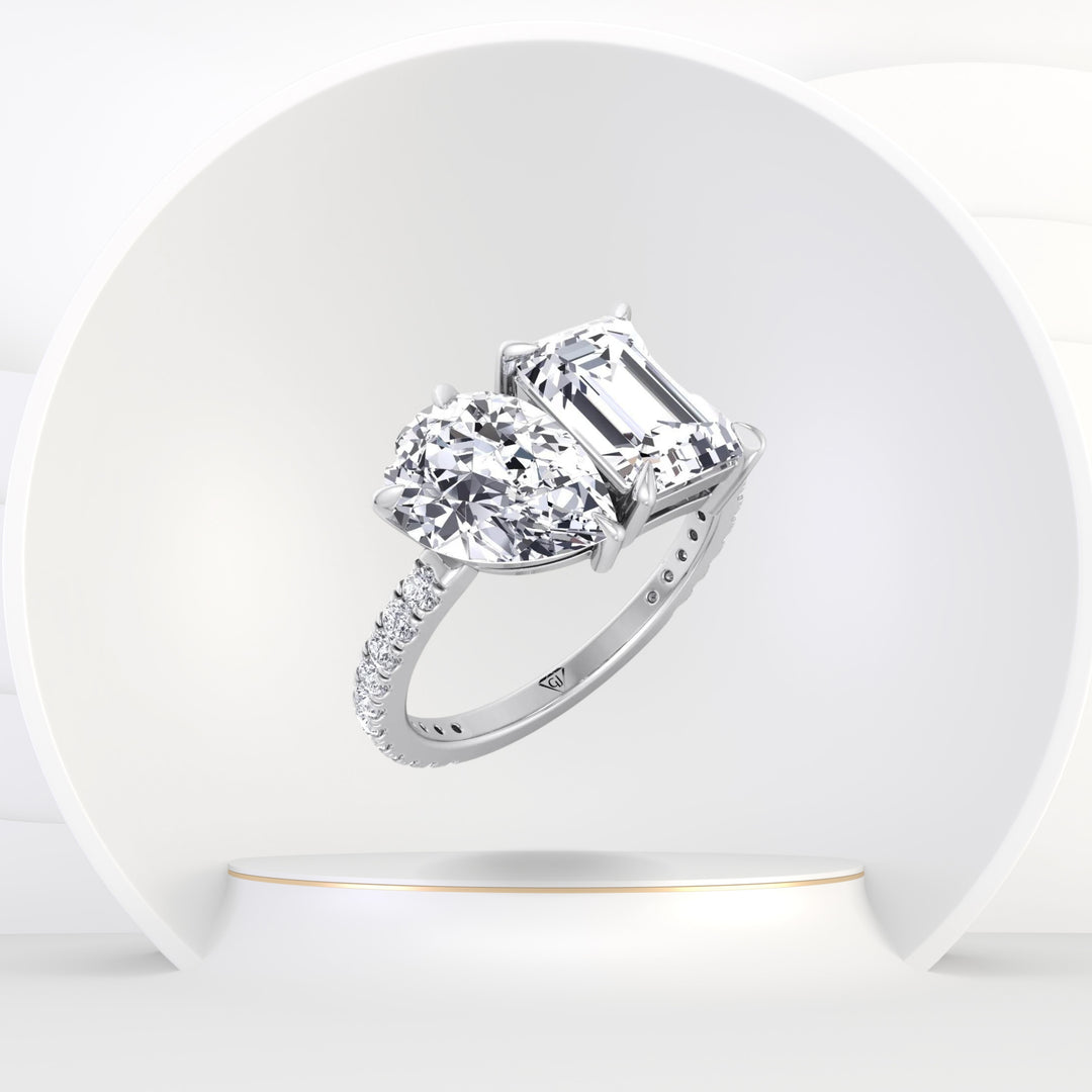 Lyra- Toi et Moi Pear & Emerald Cut Diamond Engagement Ring with Sidestones - Gem Jewelers Co