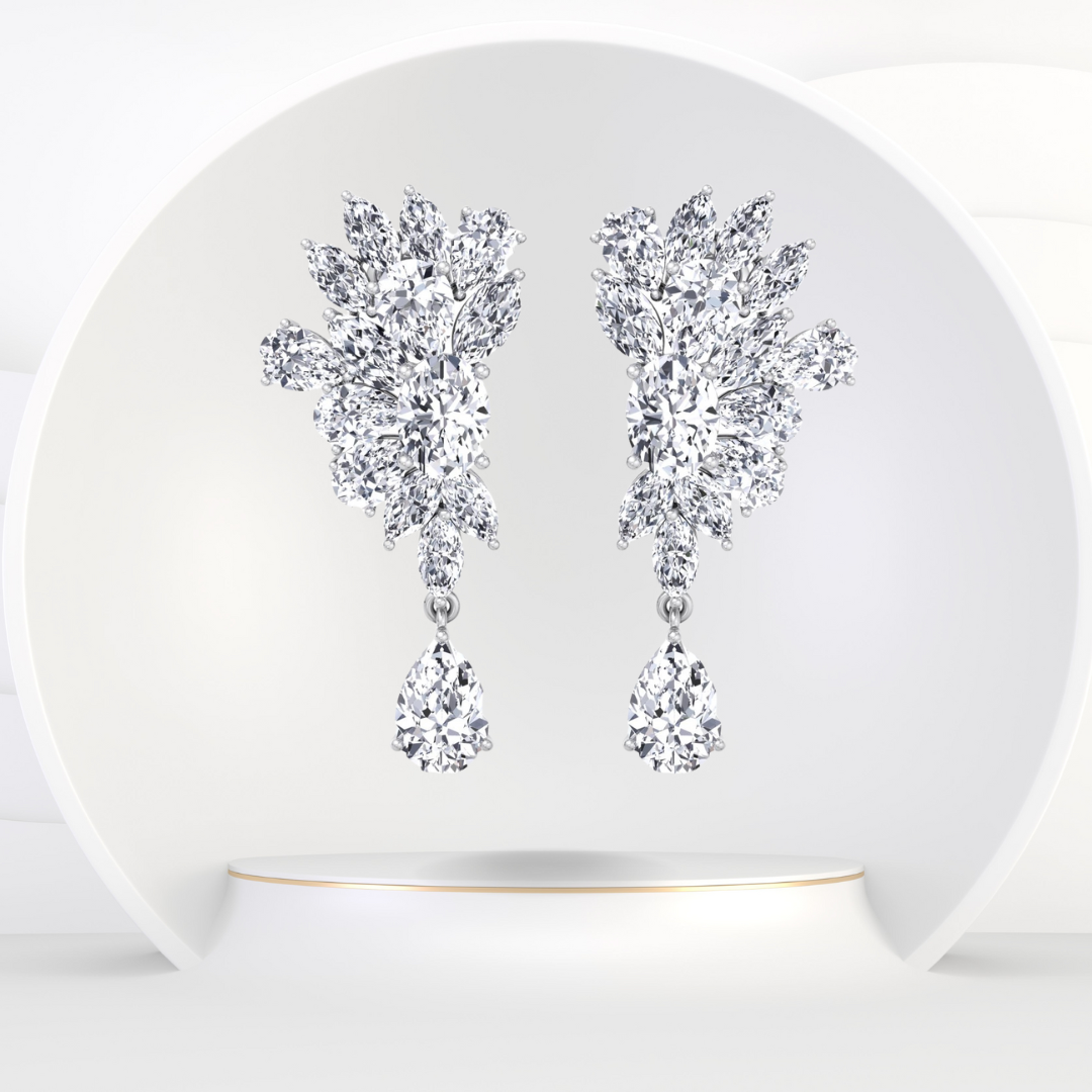 Cluster Marquise and Pear Shape Natural Diamond Drop Earrings