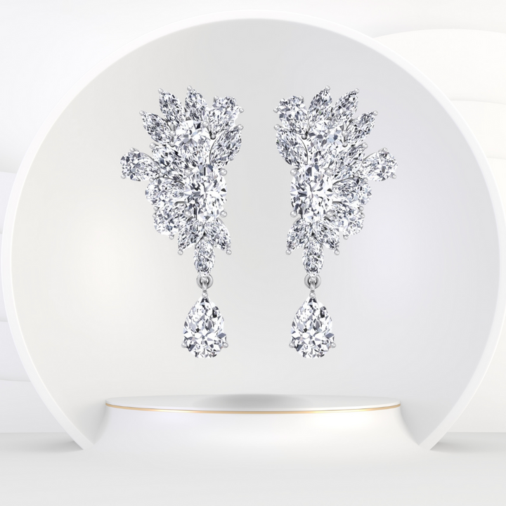Cluster Marquise and Pear Shape Natural Diamond Drop Earrings