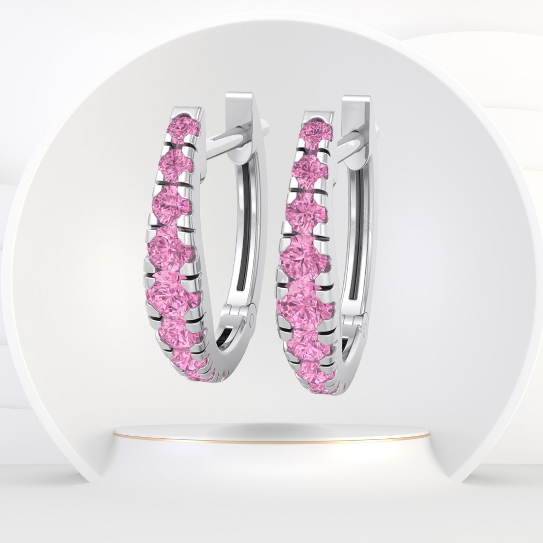 Natural Pink Sapphire Graduated Round Shape Huggie Hoop Earrings