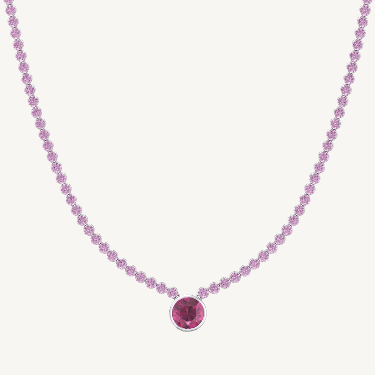 9.5CT T.W Round Cut Crown Prong Natural Pink Sapphire Tennis Necklace with Round Bezel Pendant
