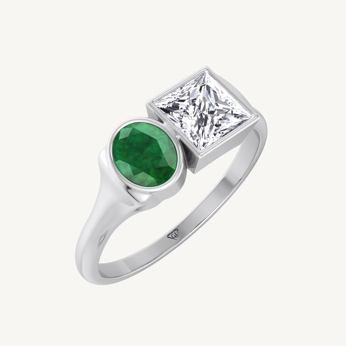 Bezel Set Oval Shape Green Emerald and Princess Shape Natural Diamond Engagement Ring