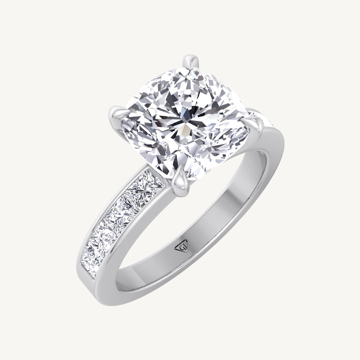 Cushion Shape Diamond Engagement Ring with Princess Cut Side Stones