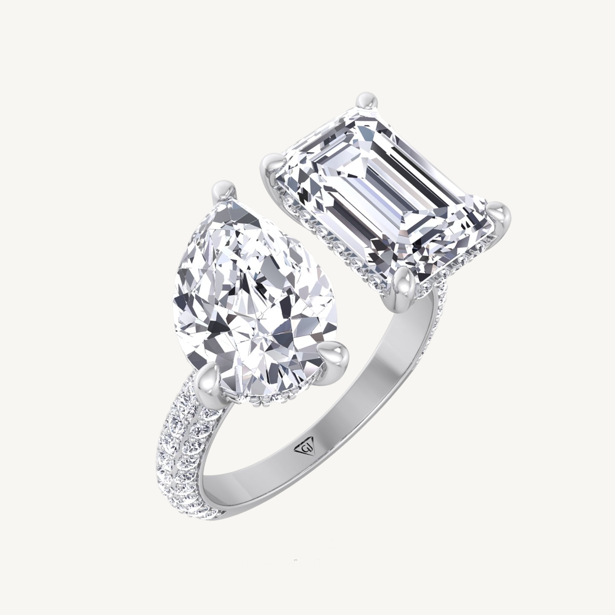 Toi Et Moi Hidden Halo Emerald and Pear Shape Diamond Engagement Ring