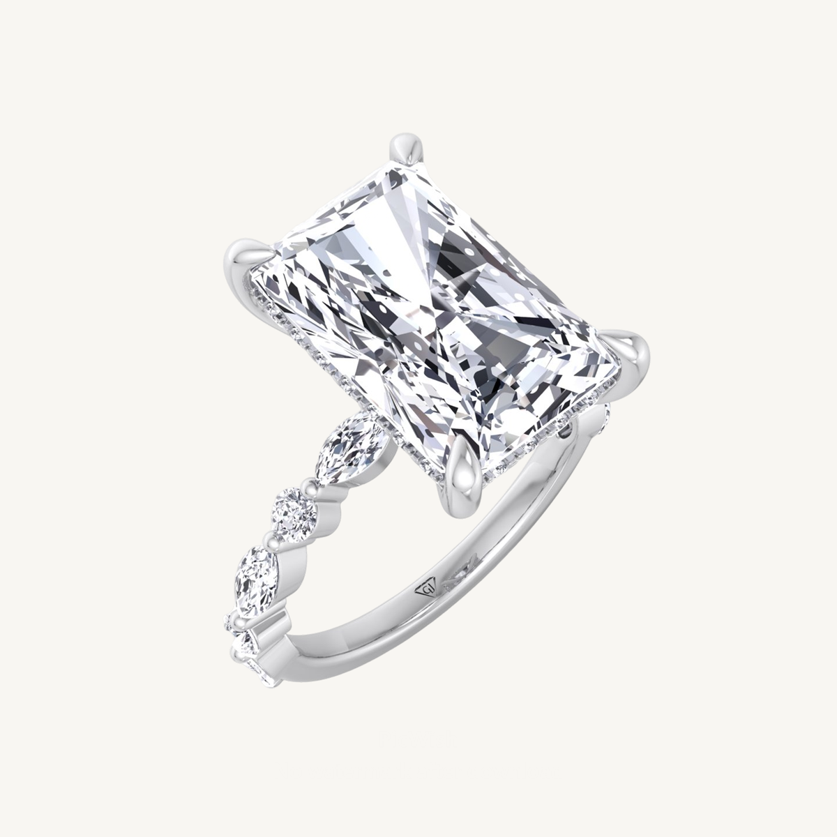 3CT GIA Certified Radiant Shape Hidden Halo Natural Diamond Engagement Ring with Round & Marquise Shape Side Stone