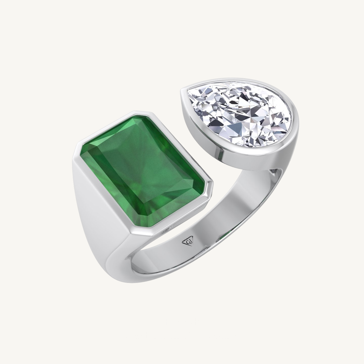 Bezel Set Toi Et Moi Green Emerald and Pear Shape Diamond Open Ring