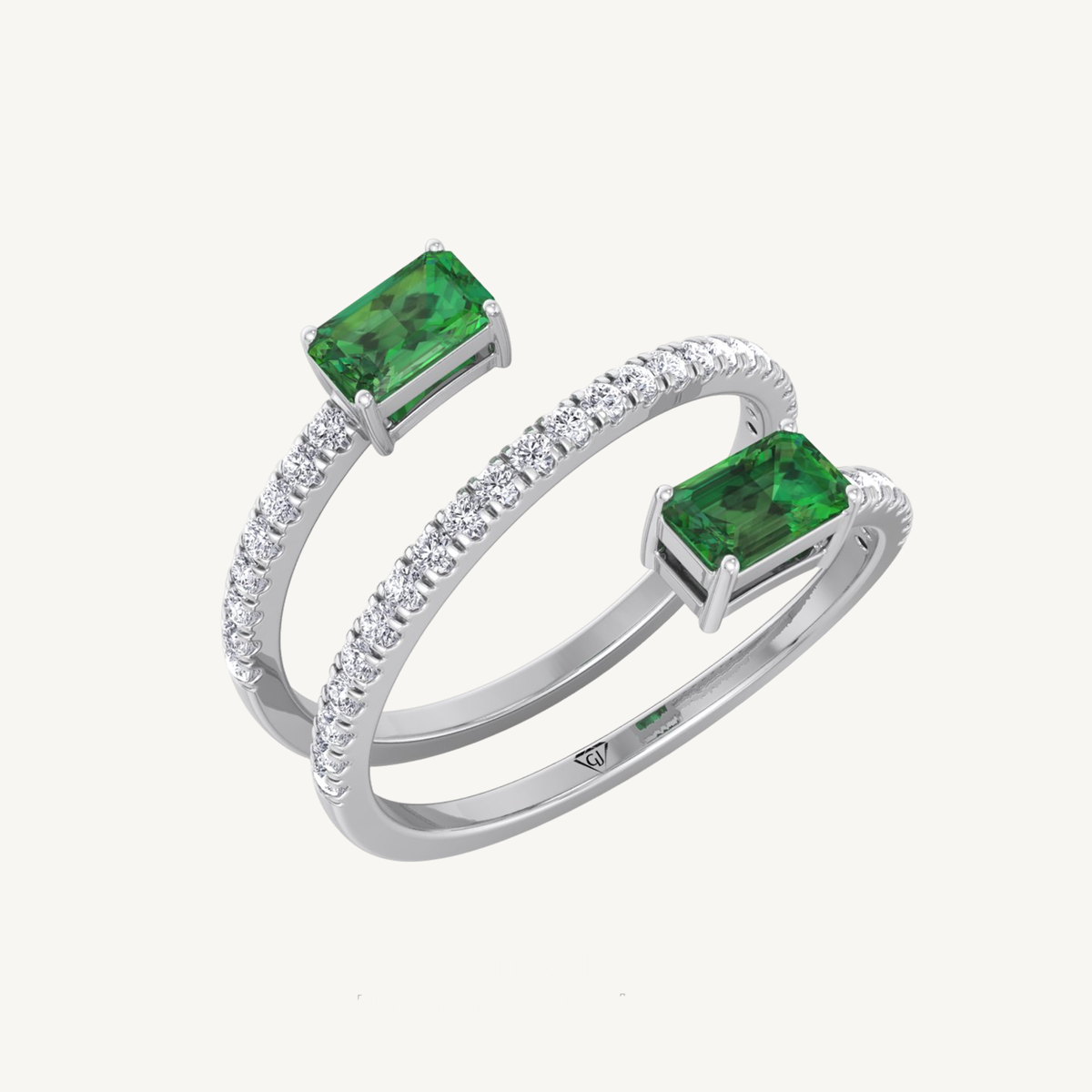 Green Emerald Spiral Pave Wrap Ring