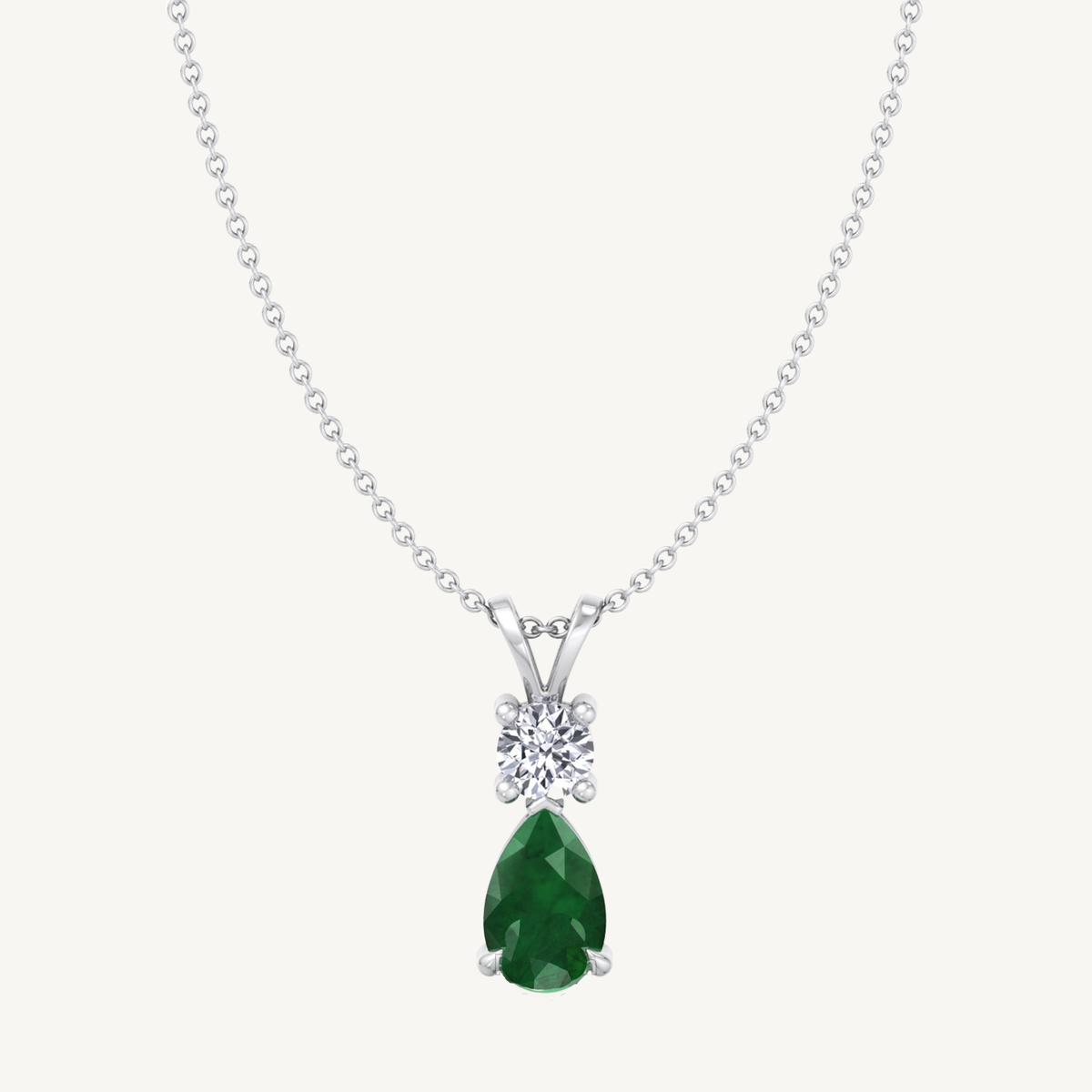 Natural Pear Shape Green Emerald & Round Shape Diamond Teardrop Pendant Necklace
