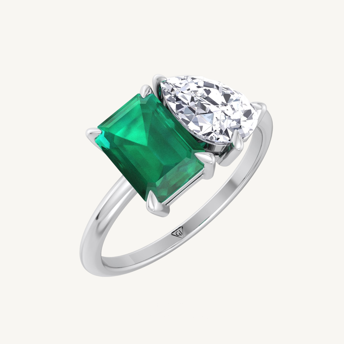 Toi et Moi Green Emerald & Pear Cut Diamond Engagement Ring