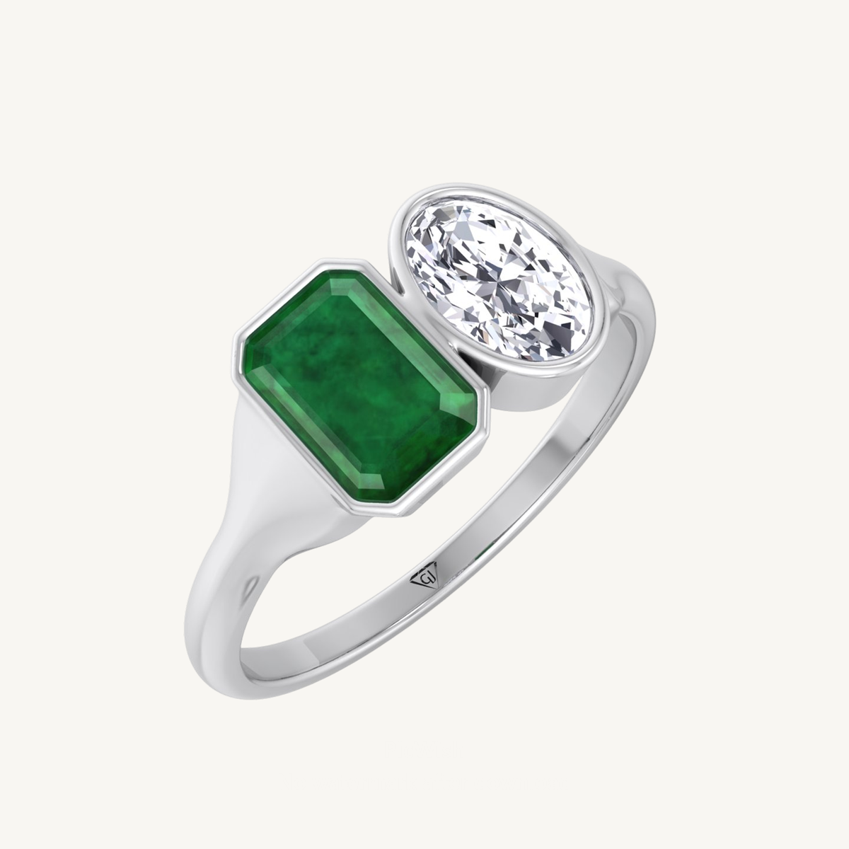 Bezel Set Emerald Shape Green Emerald and Oval Shape Natural Diamond Engagement Ring