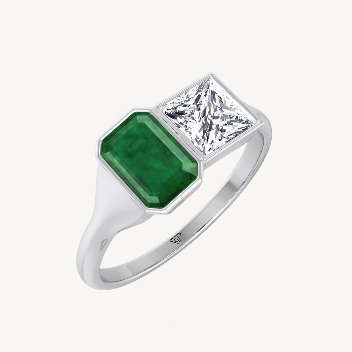 Bezel Set Emerald Shape Green Emerald and Princess Shape Natural Diamond Engagement Ring