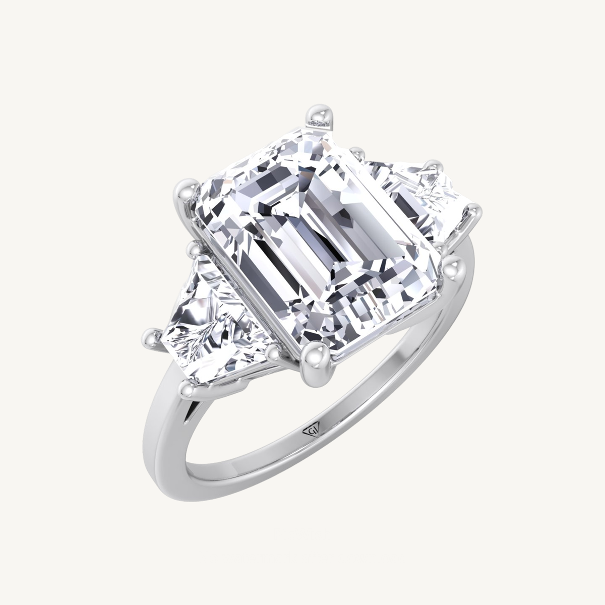 3 Stone Emerald & Trapezoid Natural Diamond Engagement Ring