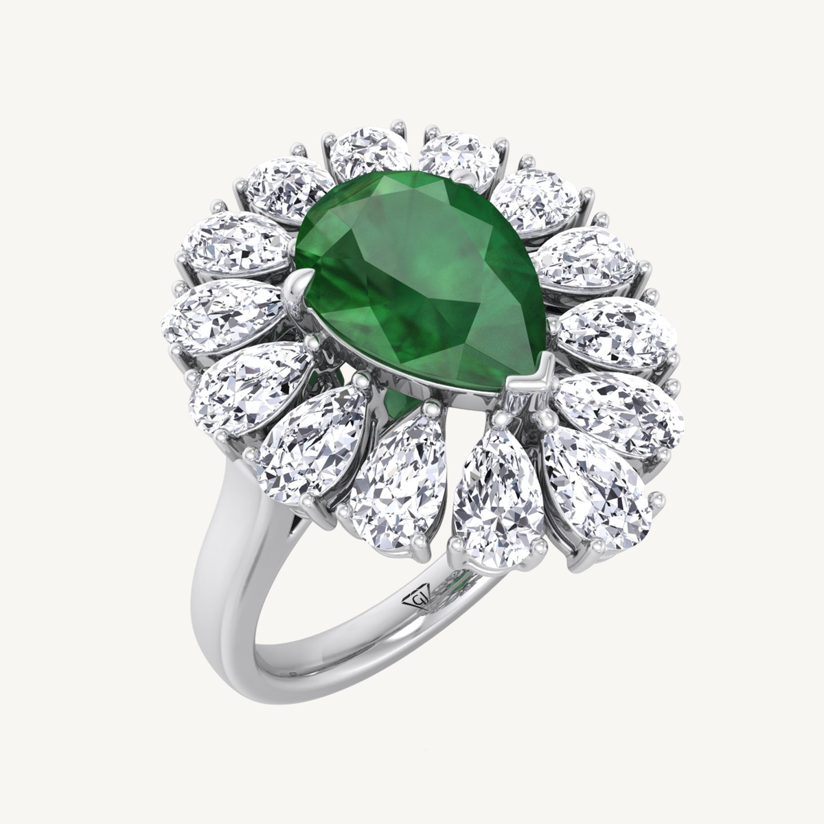 Pear Shape Green Emerald Engagement Ring with Pear Shape Diamond Halo
