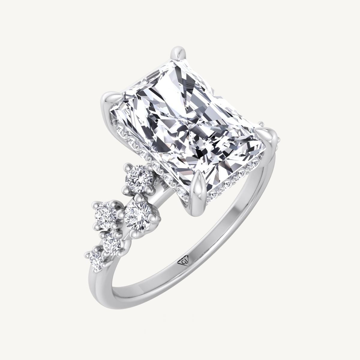 Radiant Shape Hidden Halo Diamond Engagement Ring With Clustered Side Stones