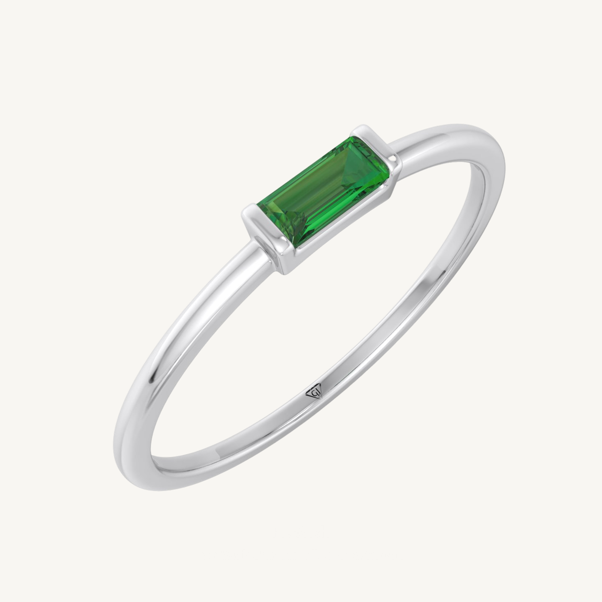 Dainty Green Emerald Baguette Solitaire Stackable Ring
