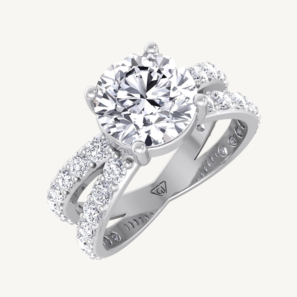 Split Double Band Round Diamond Ring with Side stones