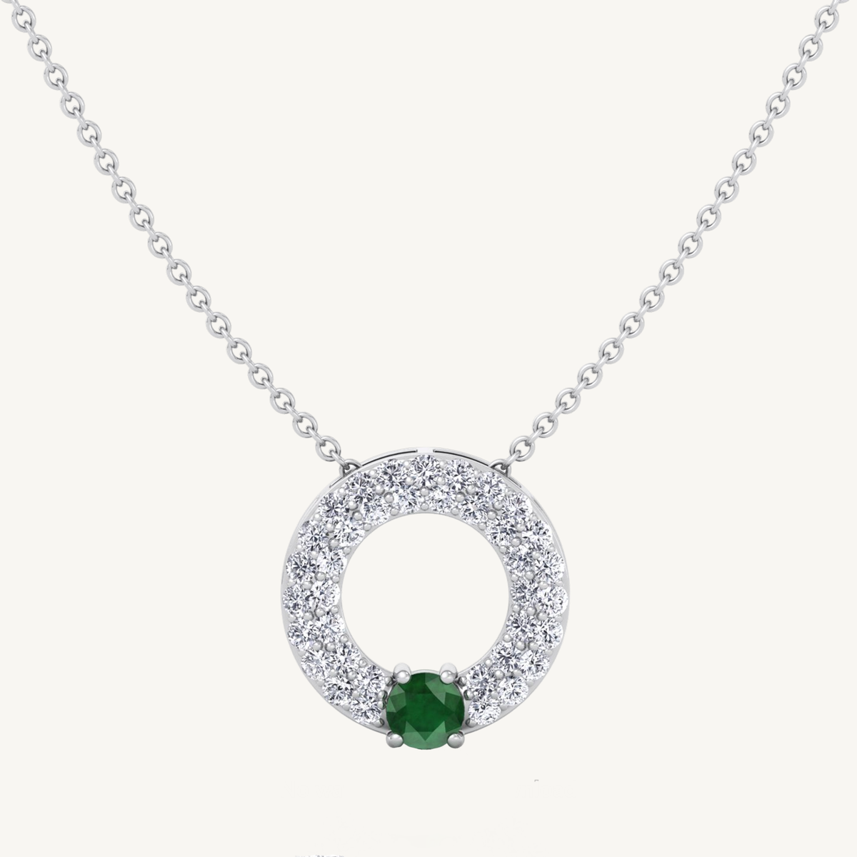 Round Shape Natural Diamond & Green Emerald Open Circle Pendant