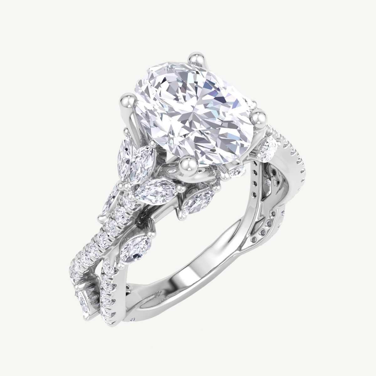 Oval Shape Diamond Engagement Ring with Marquise Shape Side stones and Twisted Pave Band