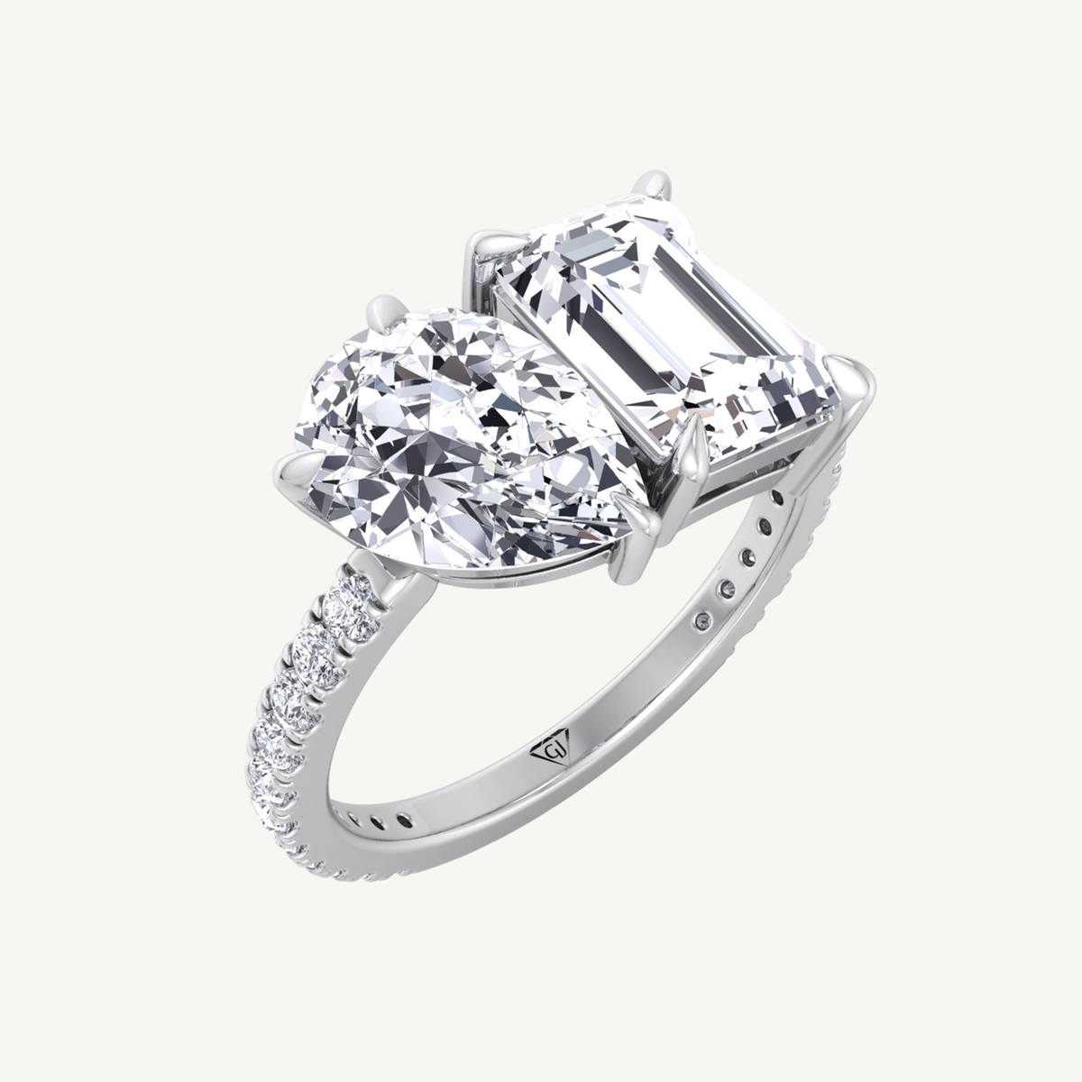 Toi et Moi Pear & Emerald Cut Diamond Engagement Ring with Sidestones