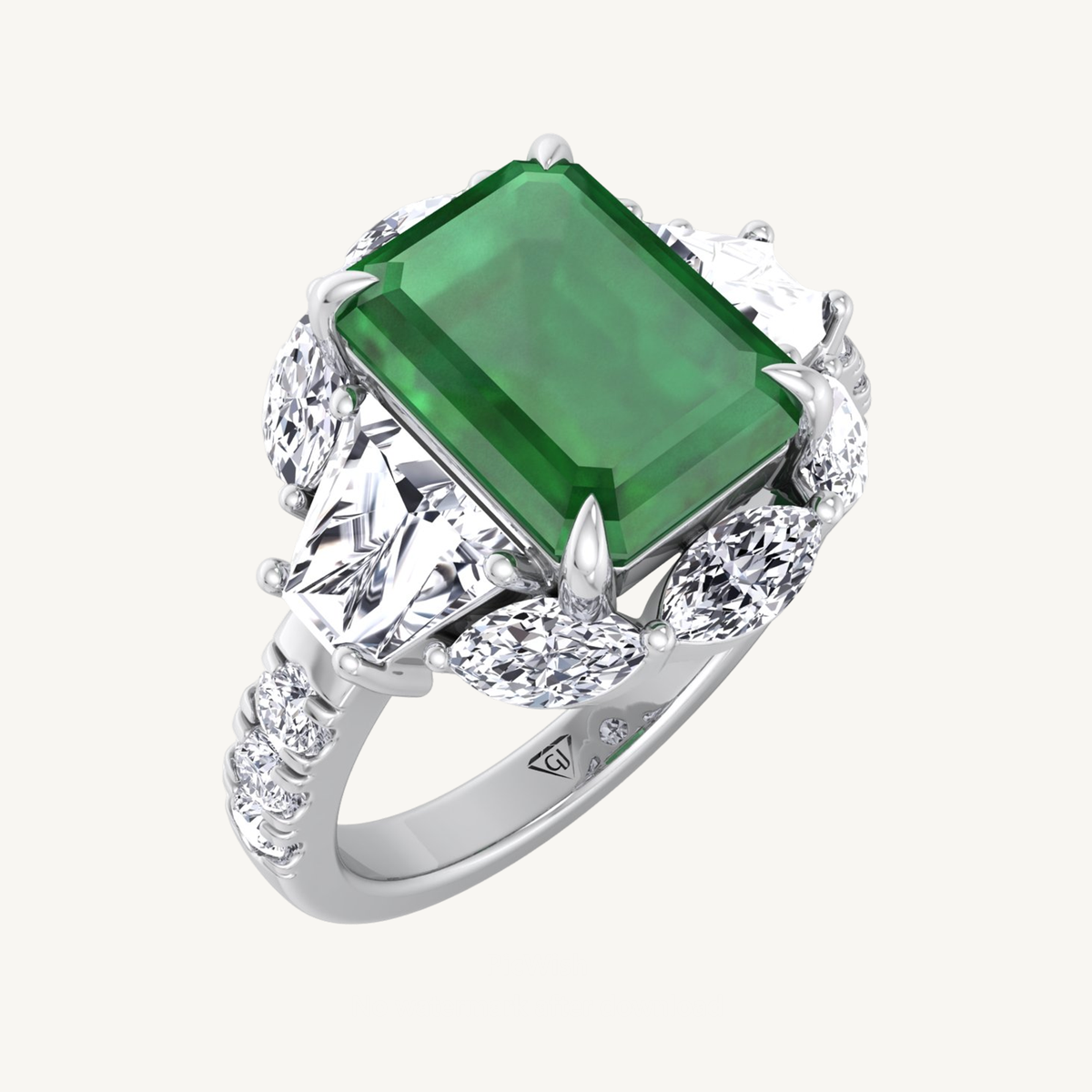 Emerald Shape Green Emerald Engagement Ring with Marquise, Trapezoid, and Round Side Stones