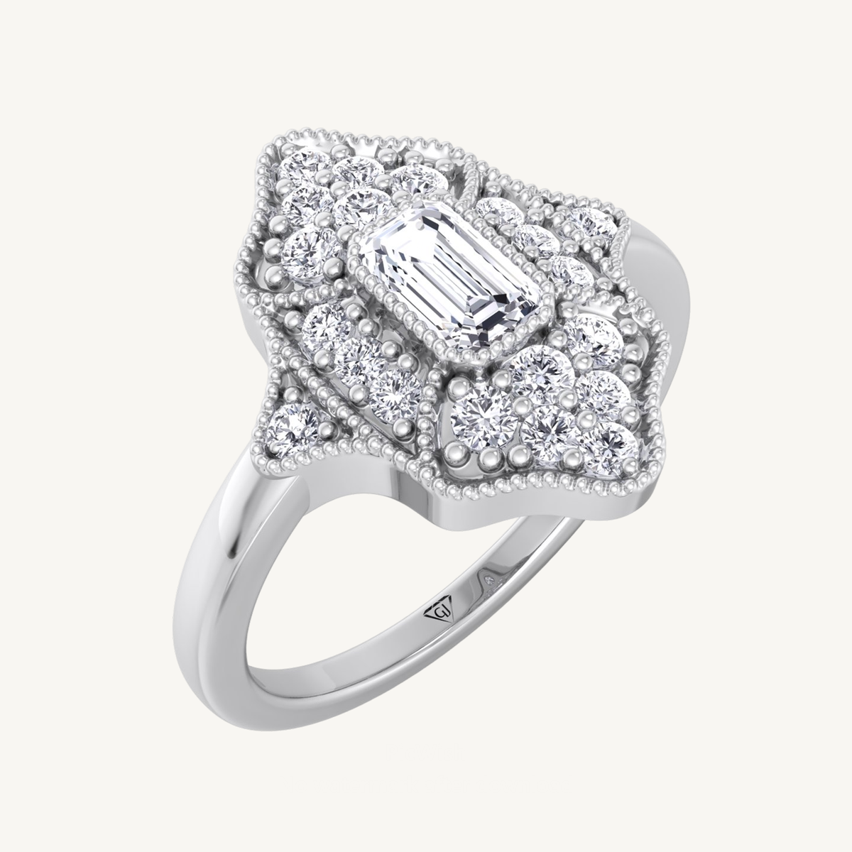 Vintage Style Emerald Shape Diamond Engagement Ring With Round Side Stone