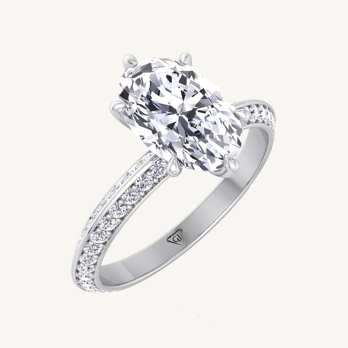 Oval Shape Diamond Engagement Ring with Duet Pave Band
