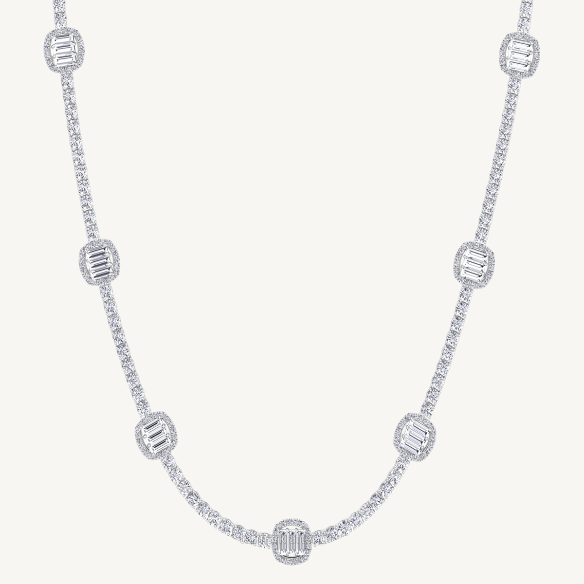 (14CT T.W) Emerald Shape Halo Station Natural Diamond Tennis Necklace in 14K Solid Gold