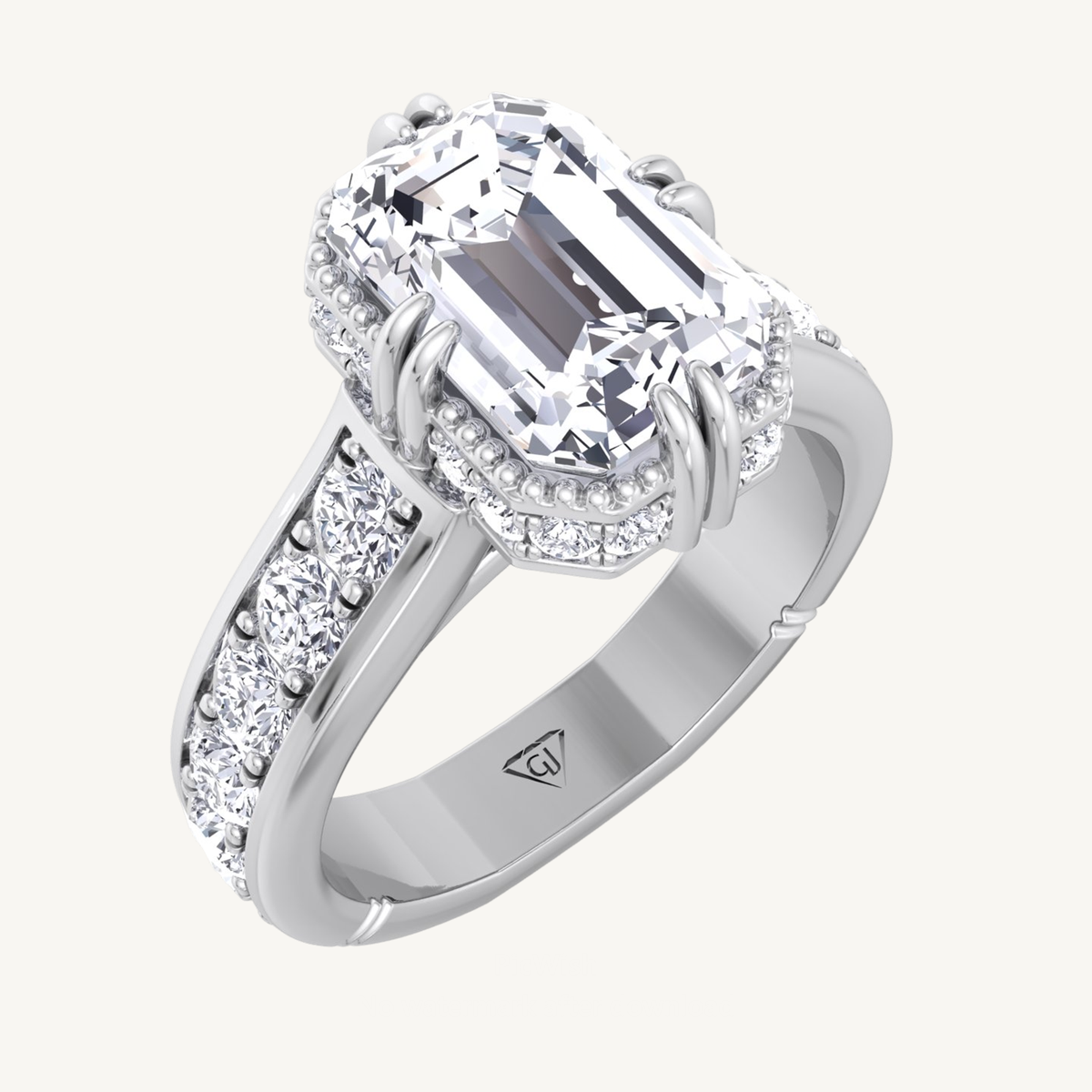 Emerald Cut Diamond Engagement Ring with Side stones and Invisible Halo
