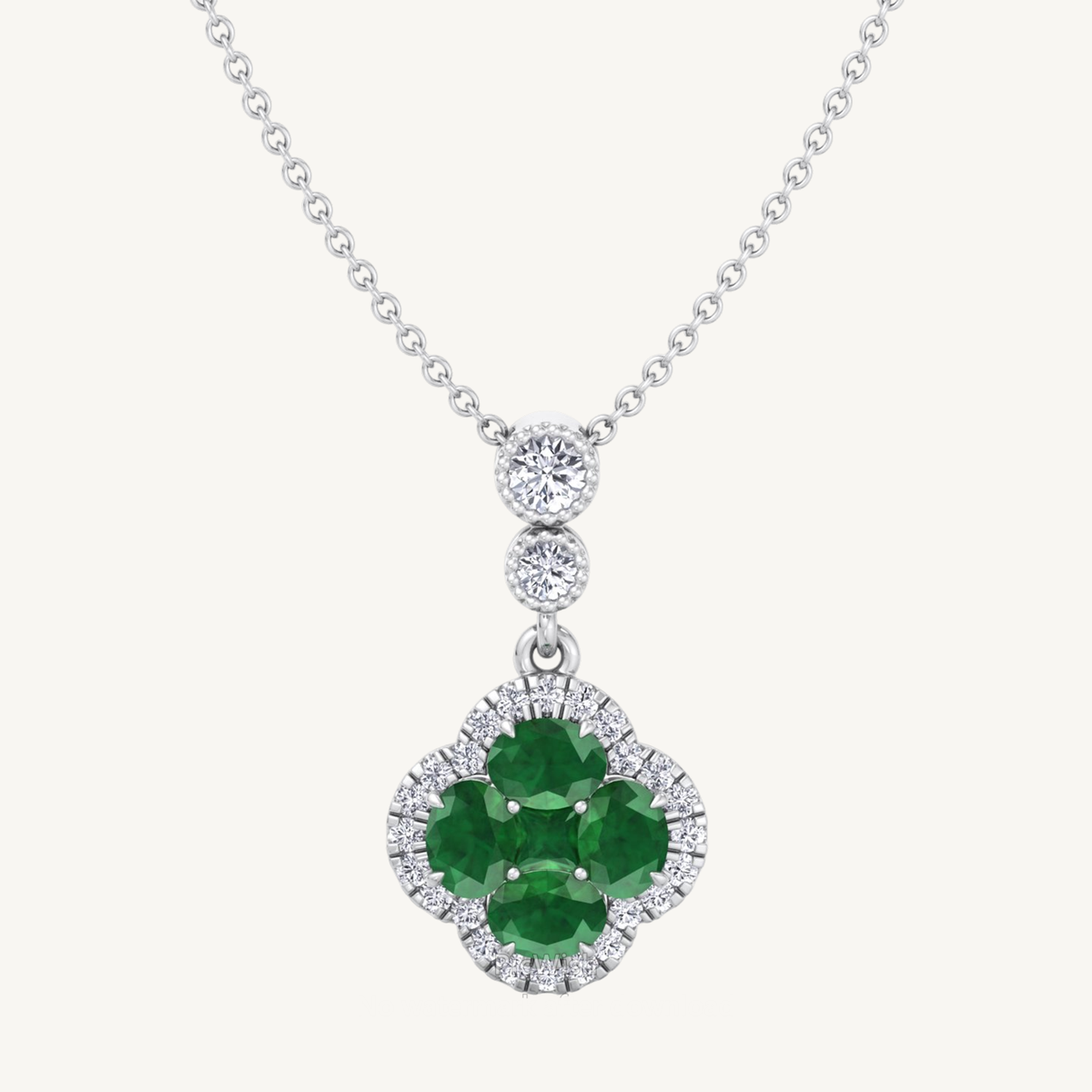 Green Emerald Cluster and Diamond Halo Pendant
