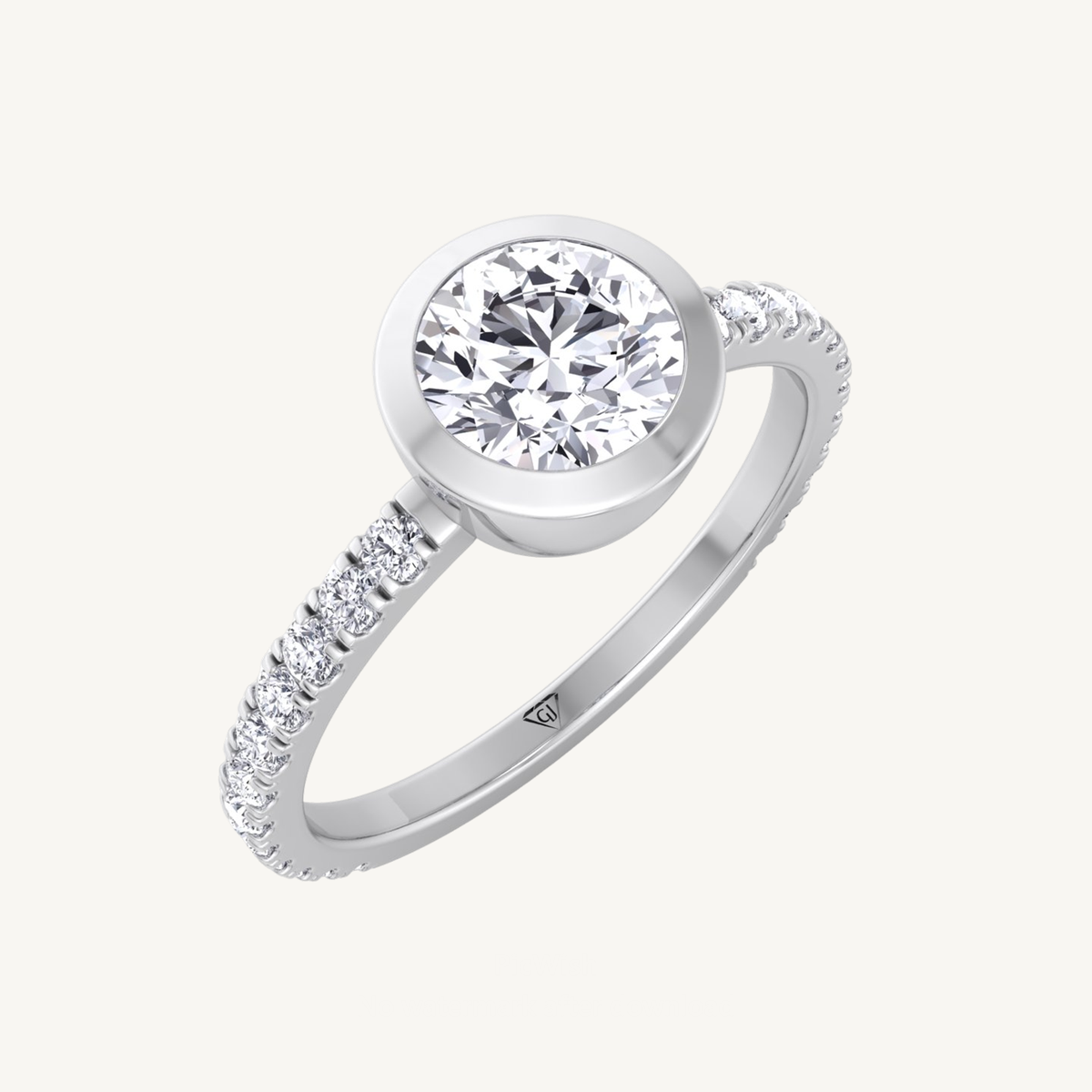Round Bezel Set Engagement Ring with Pave Band