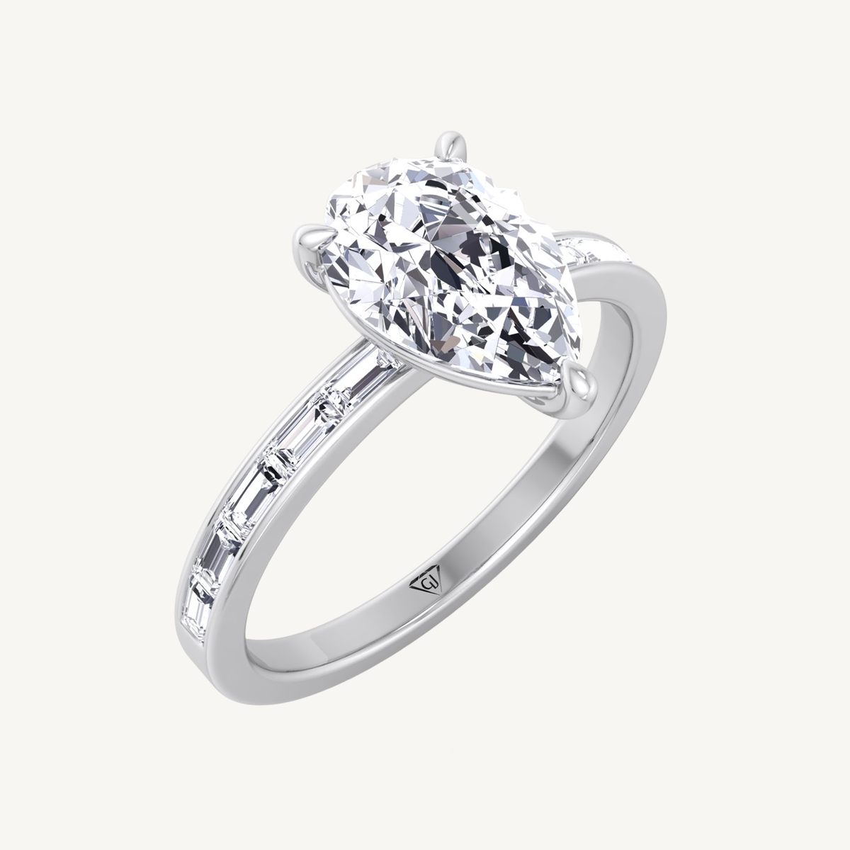 Pear Shape Diamond Engagement Ring with Baguette Shape Channel Set Side Stone Band