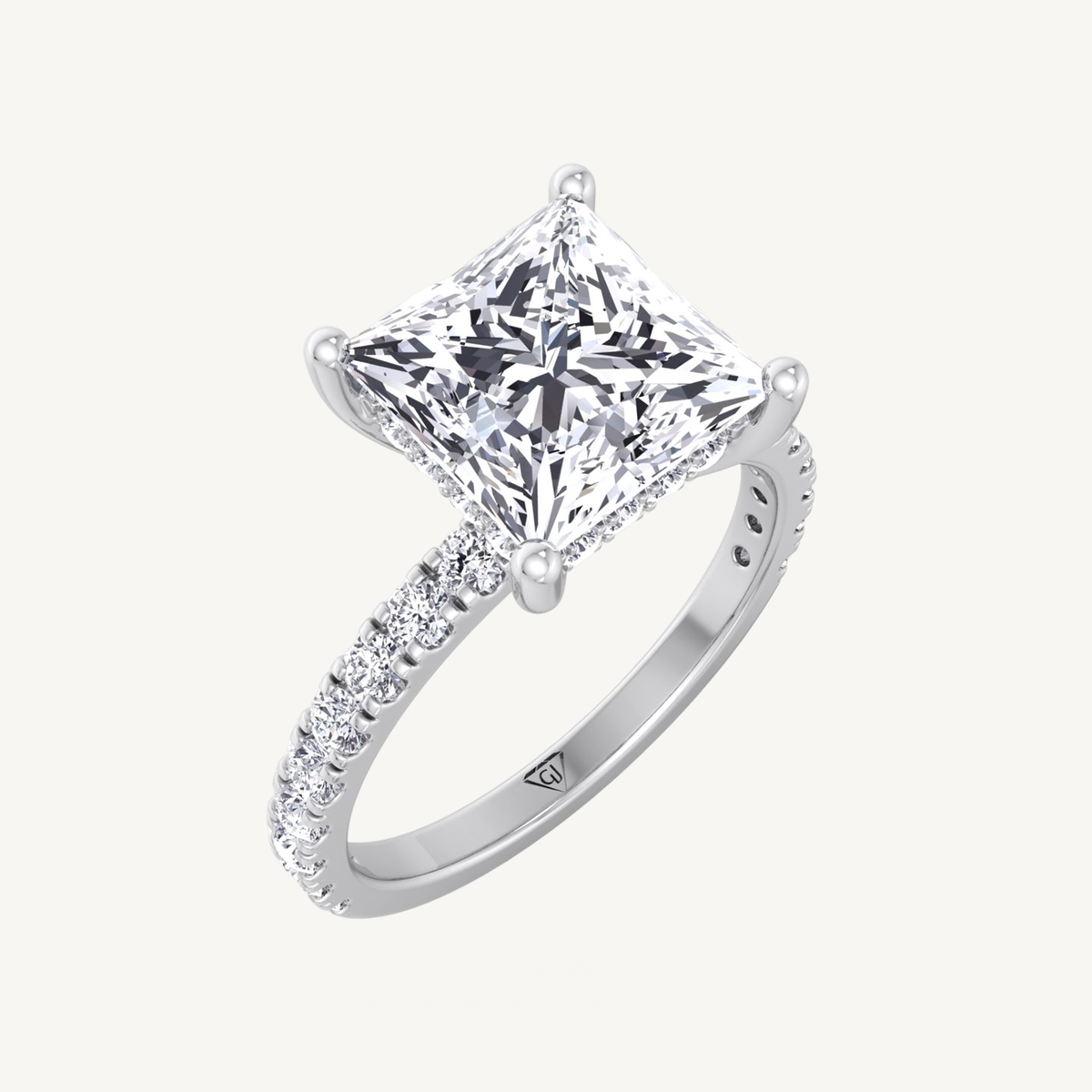 Princess Shape Hidden Halo Diamond Engagement Ring with Pave Band
