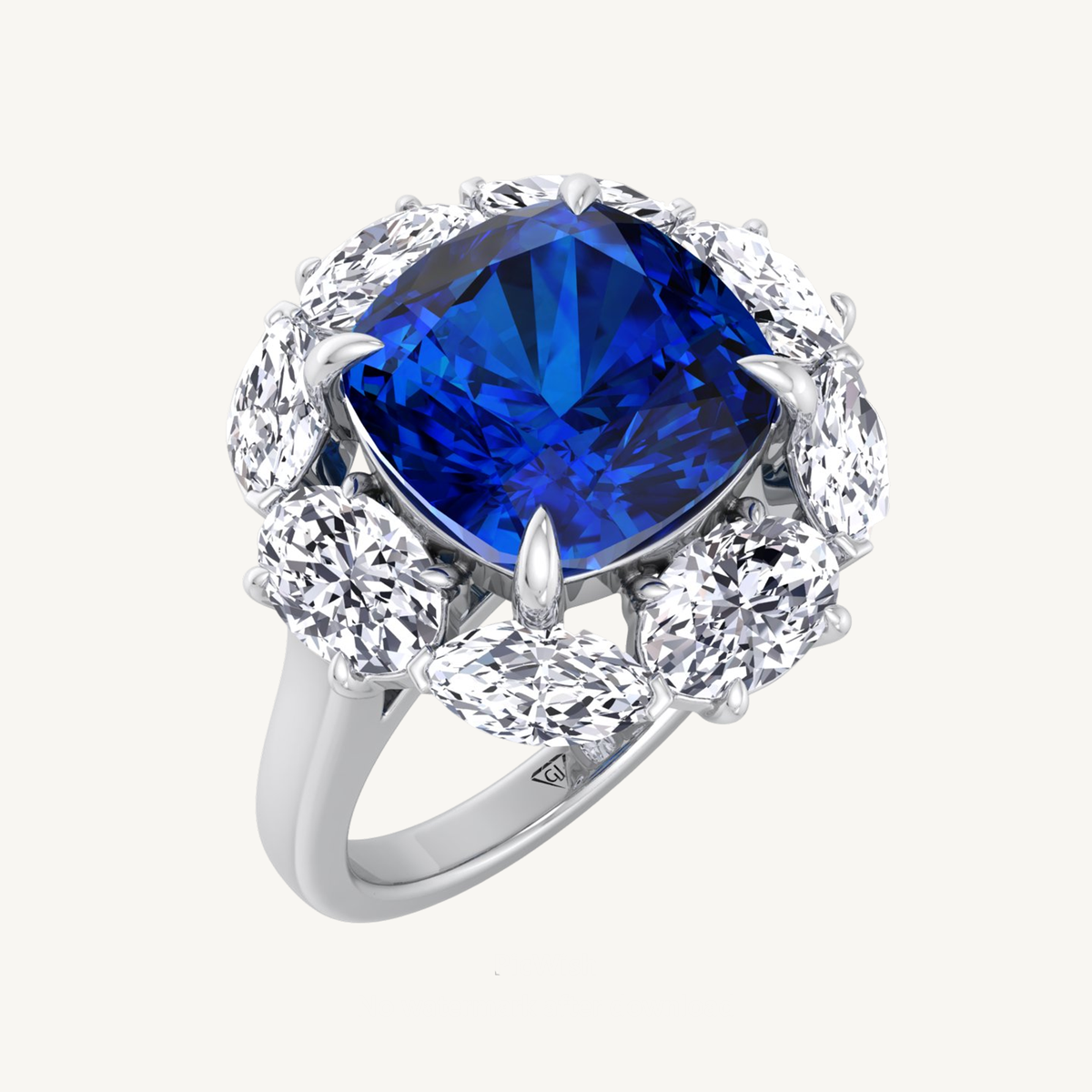 Cushion Shape Blue Sapphire Engagement Ring With Oval and Marquise Diamond Side Stones