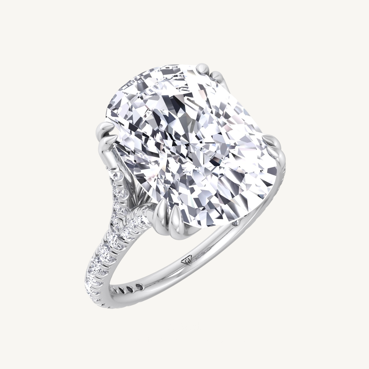 Elongated Cushion Shape Double Claw Diamond Engagement Ring with Pave Band