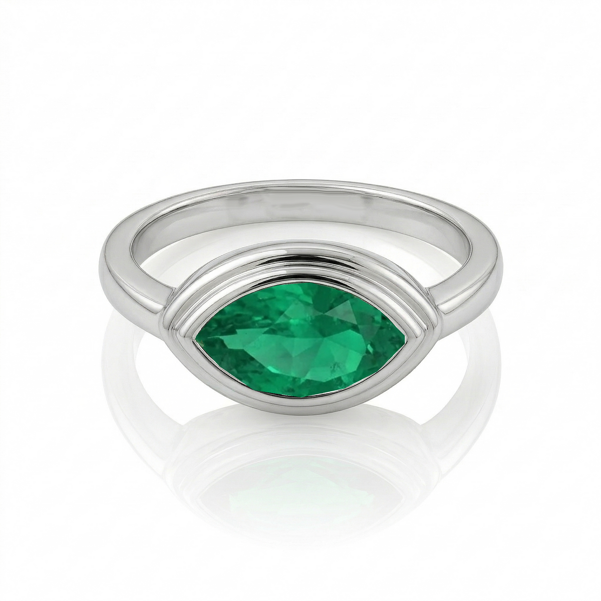 Natural Green Emerald Marquise Cut Pinky Ring WG3
